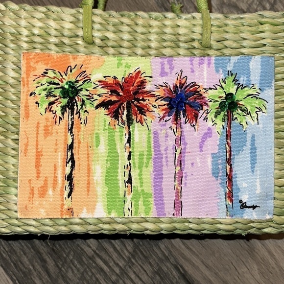 Sun and Sand straw handbag purse green palm trees - Picture 3 of 14